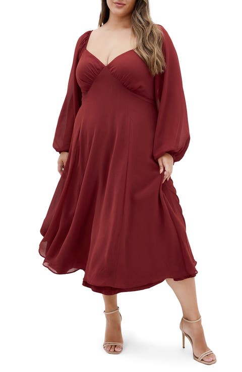 Flirty Long Sleeve Cocktail Midi Dress (Plus)