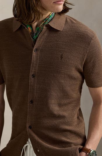 Textured Short Sleeve Cotton & Linen Button-Up Shirt