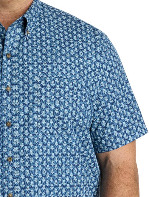 Harbor Bay By Dxl Big & Tall Easy-care Floral Print Sport Shirt In Blue