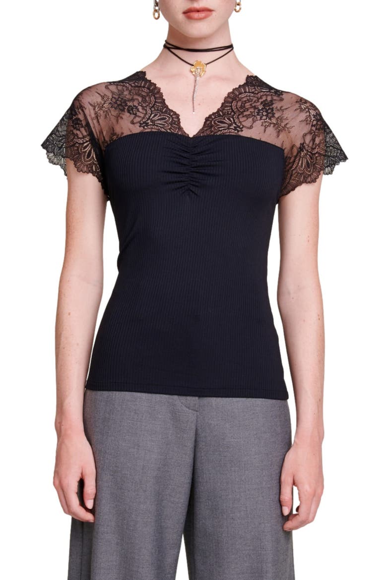 Jersey top with lace trim, Main, color, BLACK