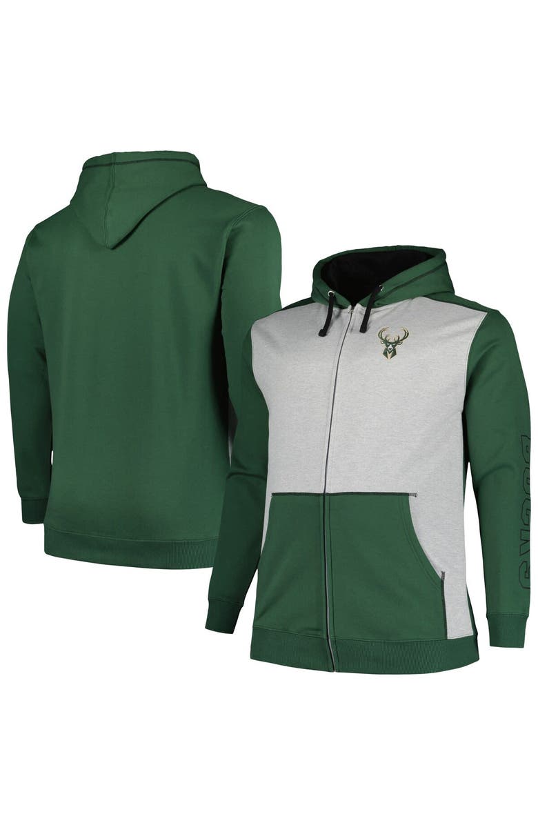 FANATICS Men's Fanatics Branded Hunter Green/Heather Gray Milwaukee Bucks Big & Tall Contrast Pieced Stitched Full-Zip Hoodie, Alternate, color, Hunter Green
