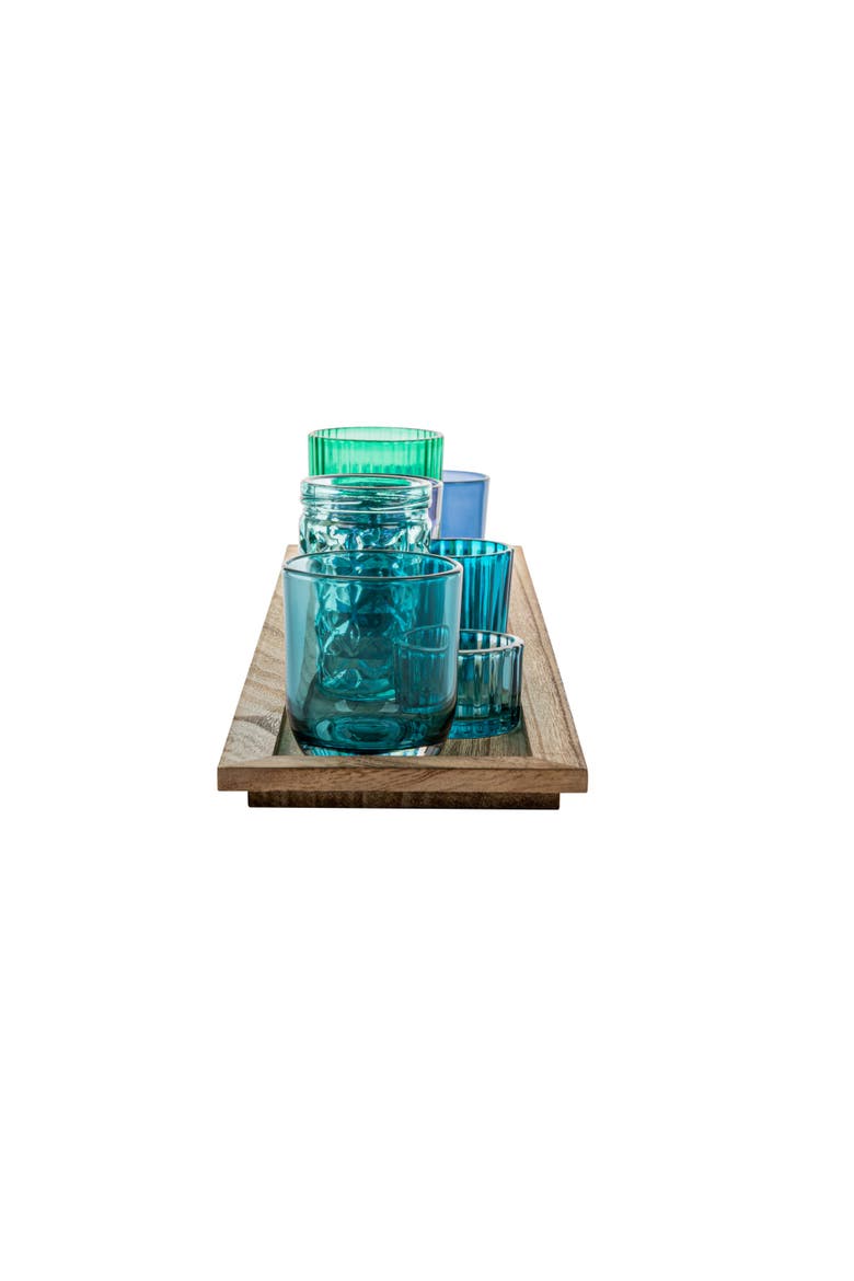 Wood Tray with 9 Blue & Green Glass Votive Holders, Set of 10, Alternate, color, Blue