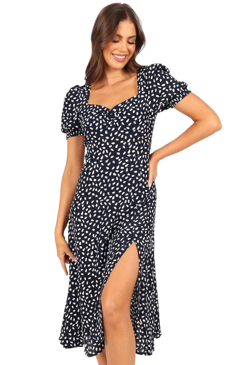 Petal & Pup Franklin Dot Print Puff Sleeve Midi Dress, Alternate, color, Navy Print