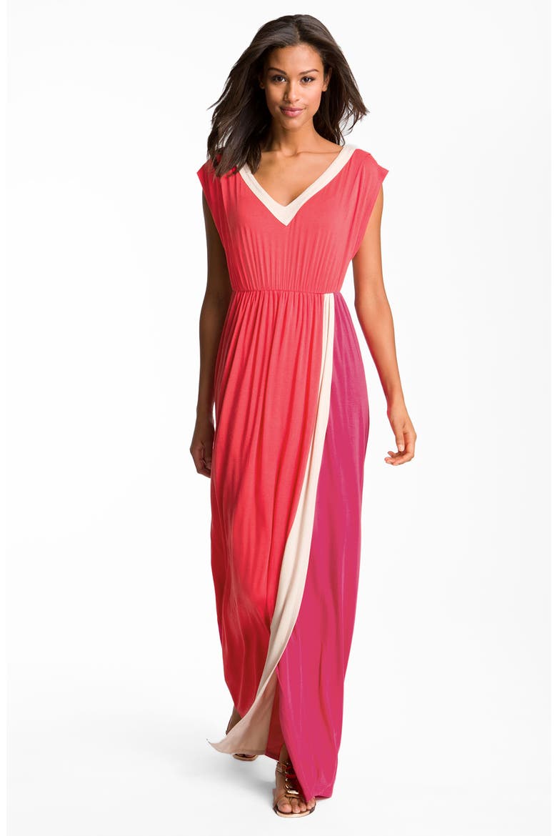 Contrast Trim Colorblock Jersey Maxi Dress (Nordstrom Exclusive), Main, color, HOT SALMON/ CREAM/ HOT PINK