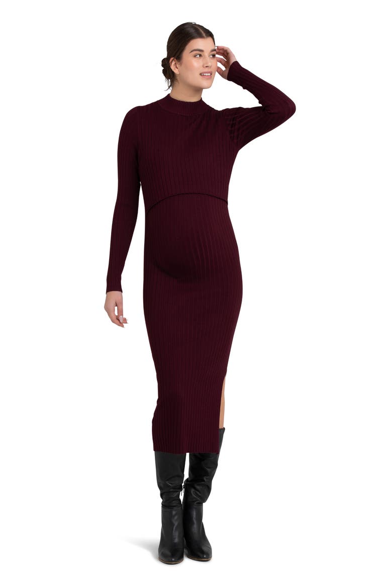 Nella Long Sleeve Rib Maternity Dress, Alternate, color, MAROON