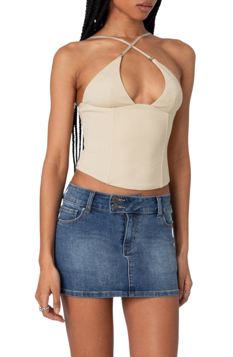 EDIKTED Lou Crossover Strap Corset Camisole, Alternate, color, Beige