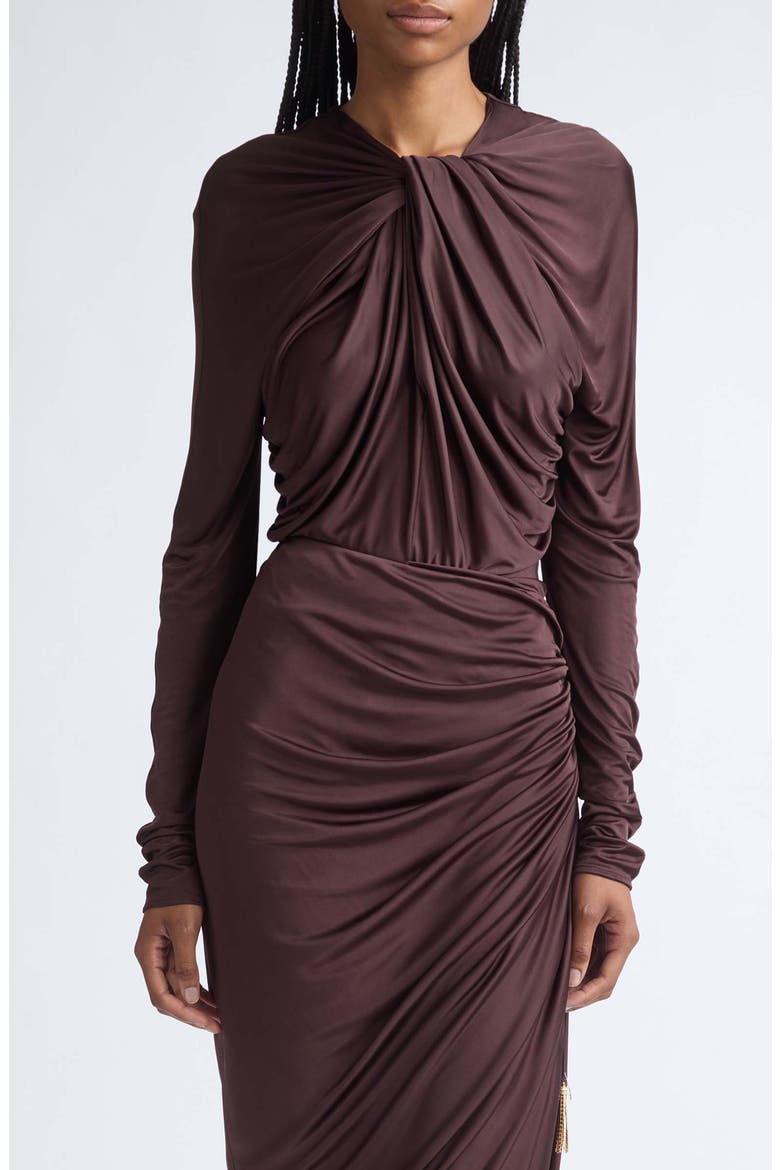 Twist Detail Long Sleeve Viscose Jersey Bodysuit, Main, color, A51 BROWN