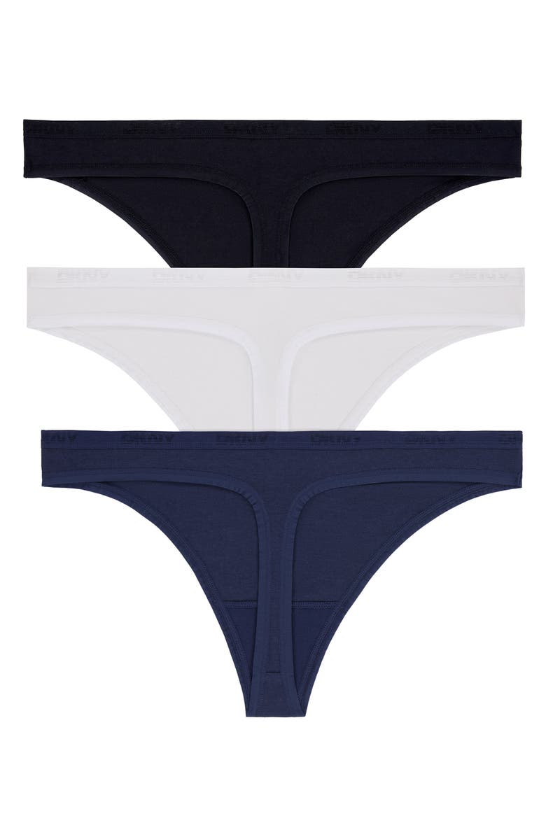 DKNY Cotton Blend Assorted 3-Pack Thongs, Alternate, color, Black/ White/ Naval