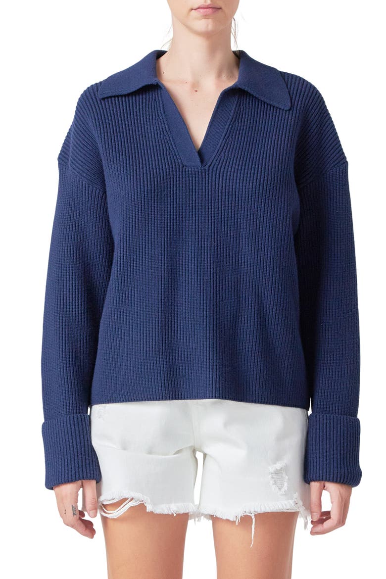 Rib Polo Sweater, Main, color, NAVY
