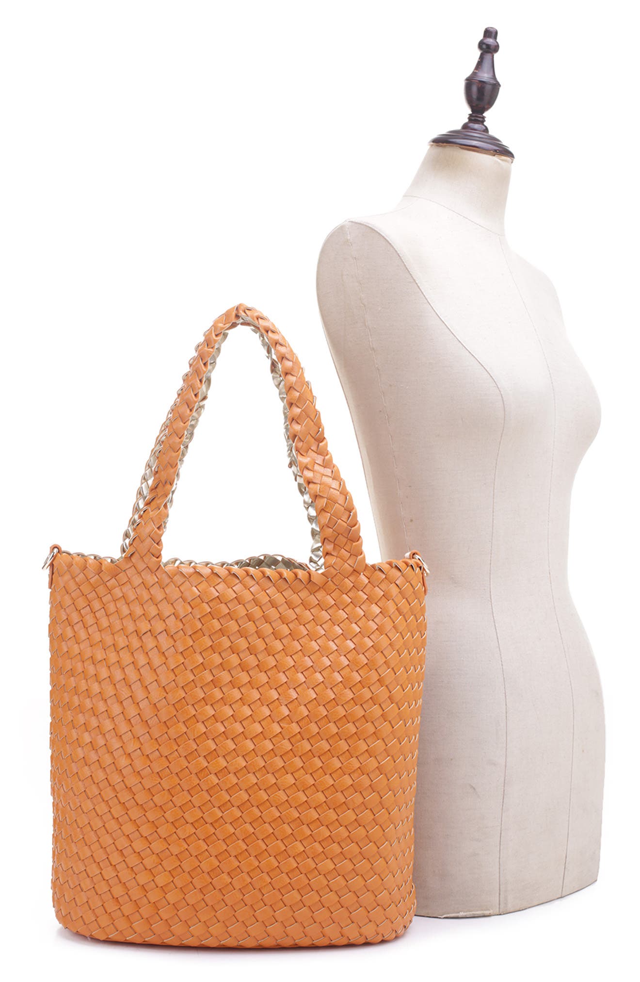 Ray Convertible Woven Vegan Leather Tote, Alternate, color, ORANGE