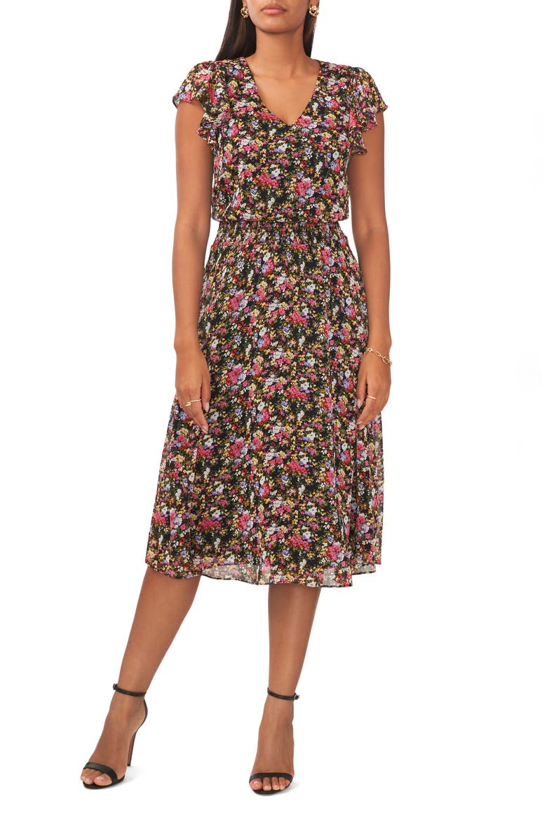 Floral Smocked Waist Midi Dress, Main, color, FUCHSIA/PURPLE/GOLD