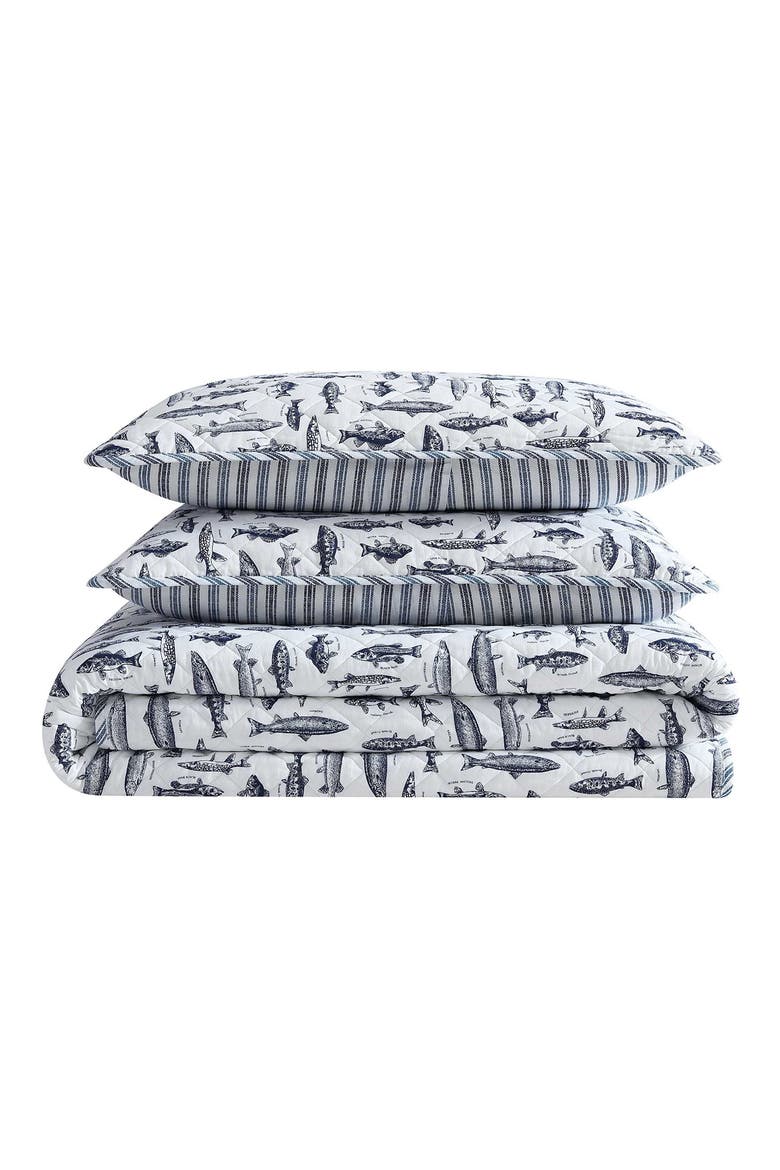 Wes Fish Cotton Twin Quilt & Sham Set, Main, color, BLUE