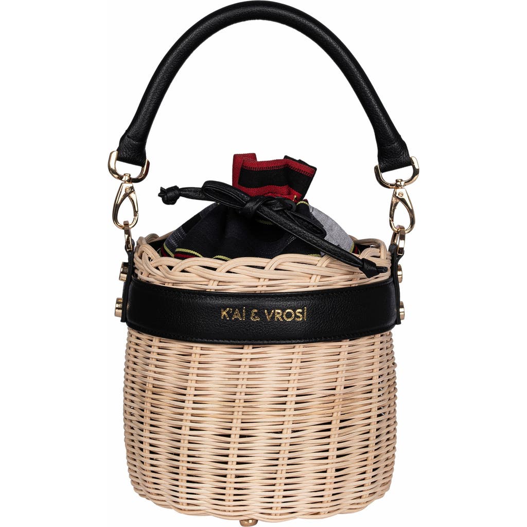 K'Ai & Vrosi Leather & Straw Bucket Bag with Drawstring in Black  product