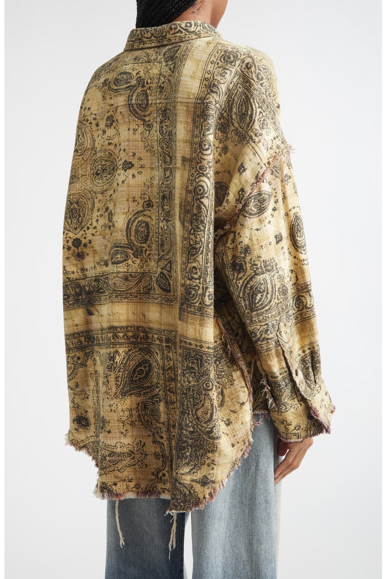 Oversize Shredded Seam Drop Neck Button-Up Shirt, Alternate, color, KHAKI BANDANA BLACK OVERPRINT