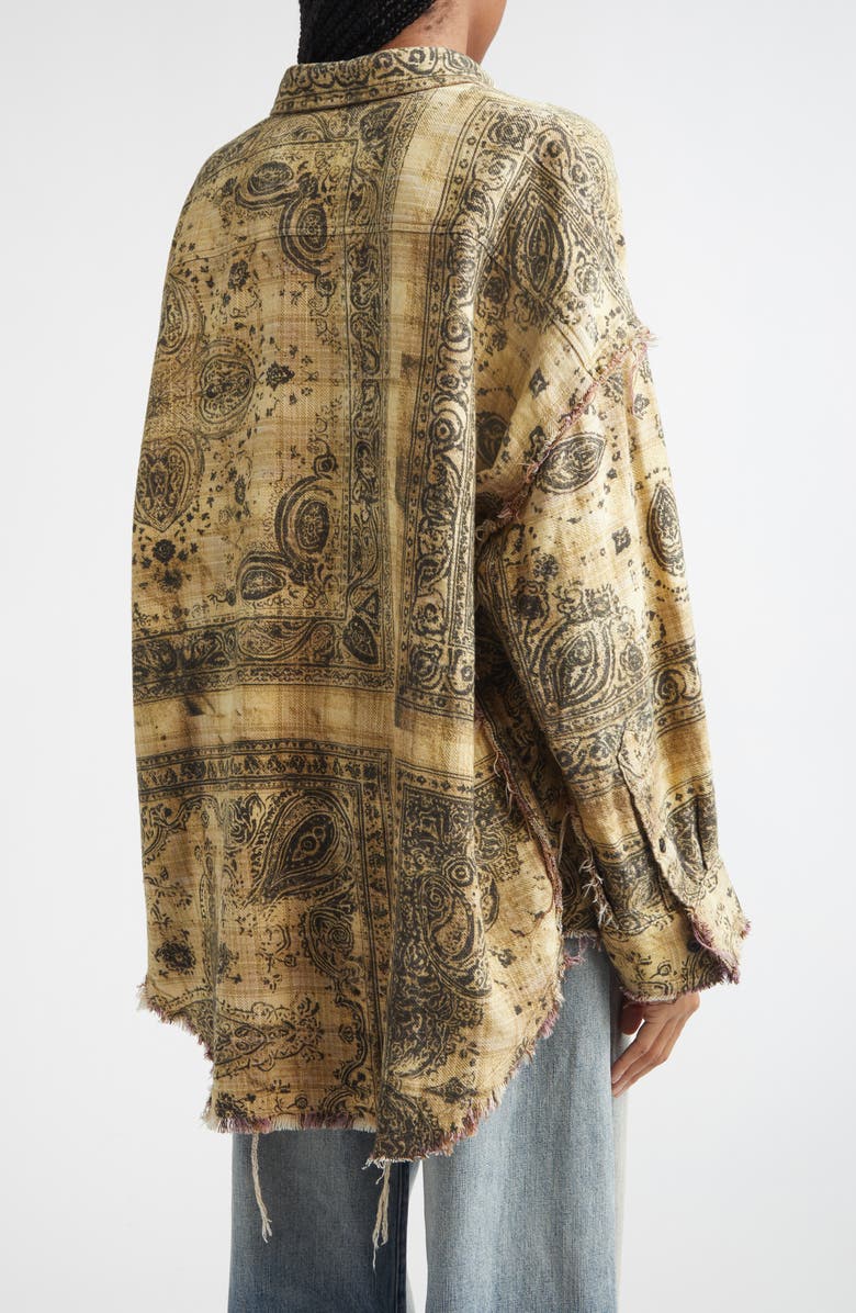 R13 Oversize Shredded Seam Drop Neck Button-Up Shirt, Alternate, color, Khaki Bandana Black Overprint