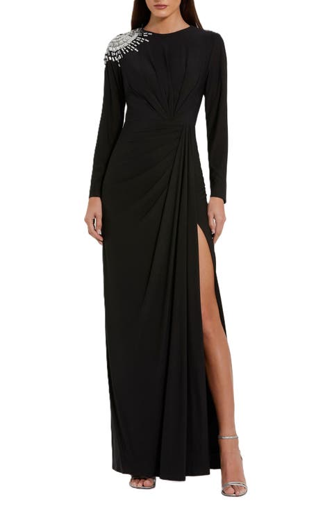 Jersey Long Sleeve Wrap Gown With Beaded Shoulder