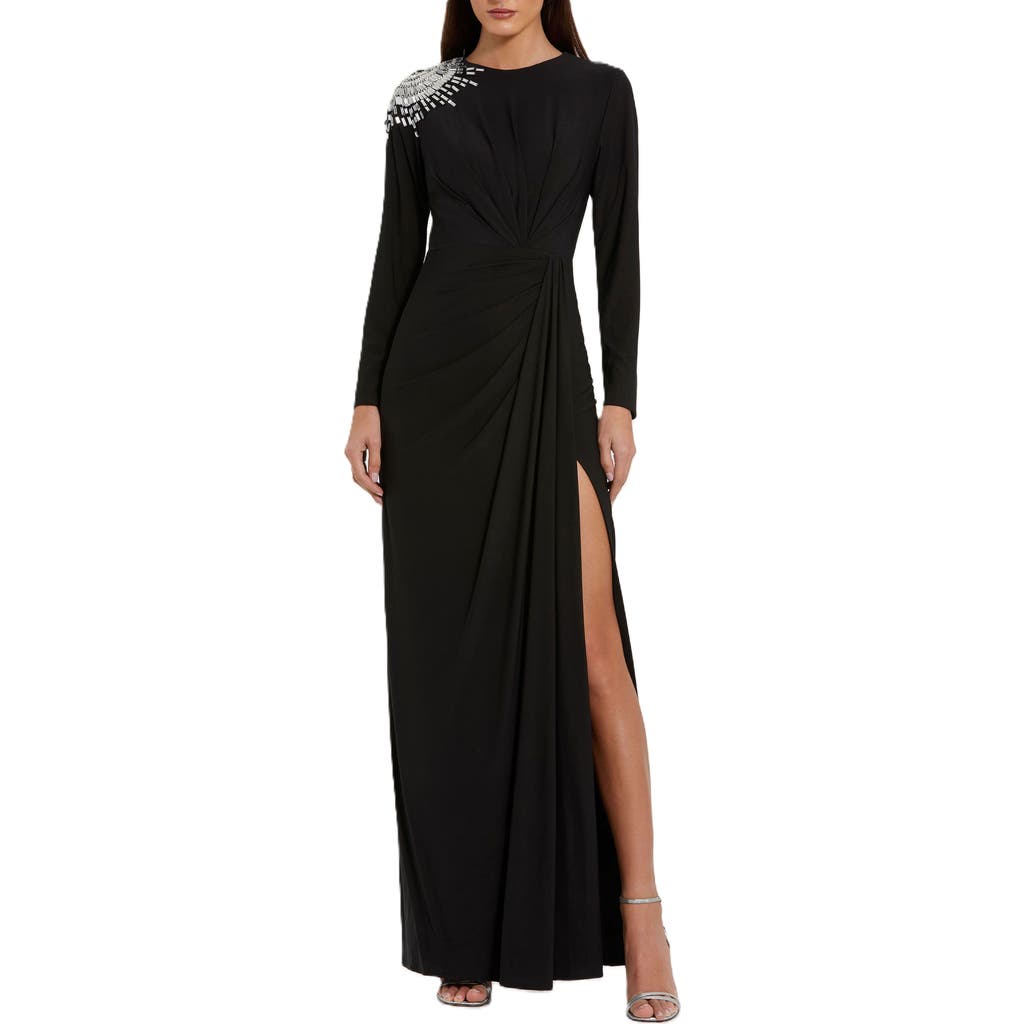 Mac Duggal Jersey Long Sleeve Weap Gown With Beaded Shoulder In Black