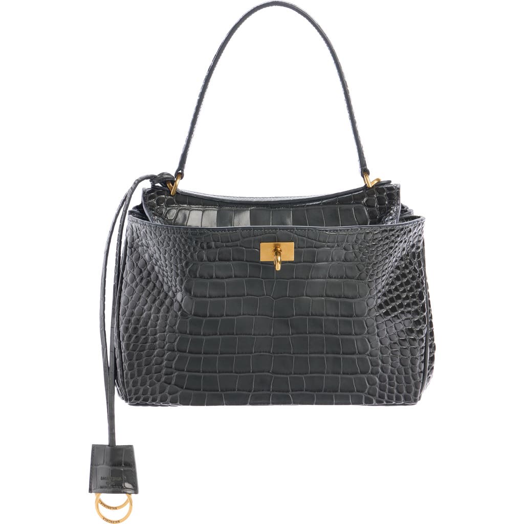 Balenciaga Small Rodeo Croc Embossed Leather Top Handle Bag In Brown