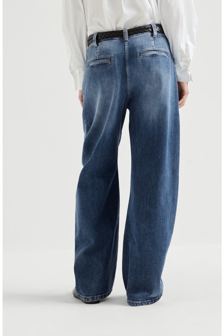 Comfort cotton denim loose curved trousers with monili, Alternate, color, Medium Denim