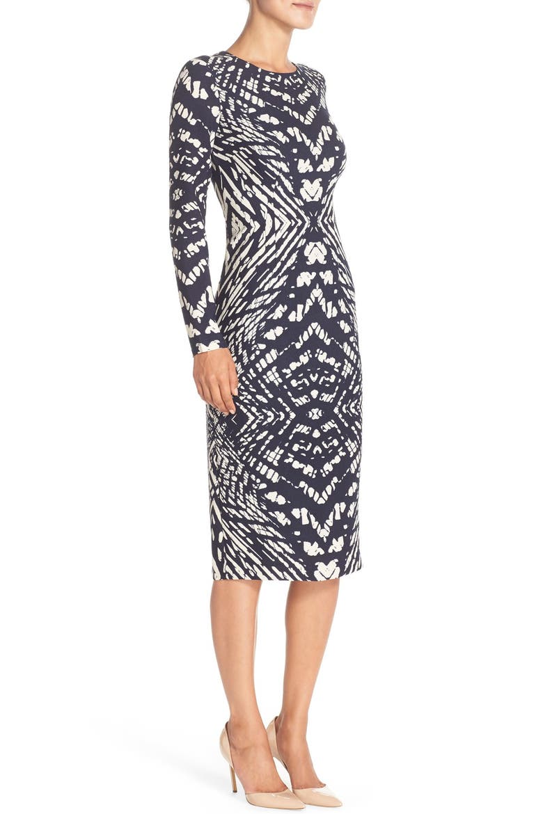 Tie Dye Print Crepe Midi Sheath Dress, Alternate, color, NAVY/ CREAM