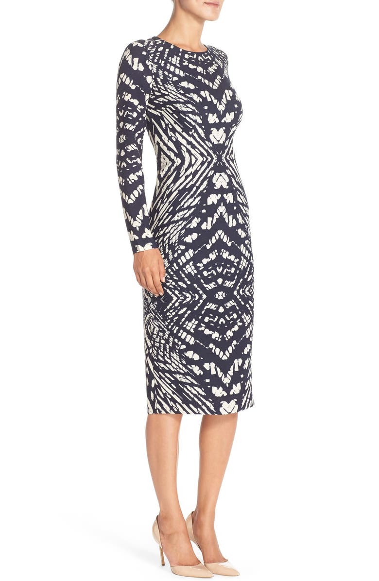 Maggy London Tie Dye Print Crepe Midi Sheath Dress, Alternate, color, Navy/ Cream