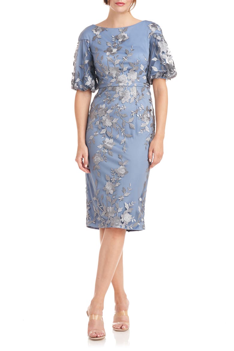 Daisy Puff Sleeve Cocktail Dress, Main, color, SILVER/ TRUE BLUE