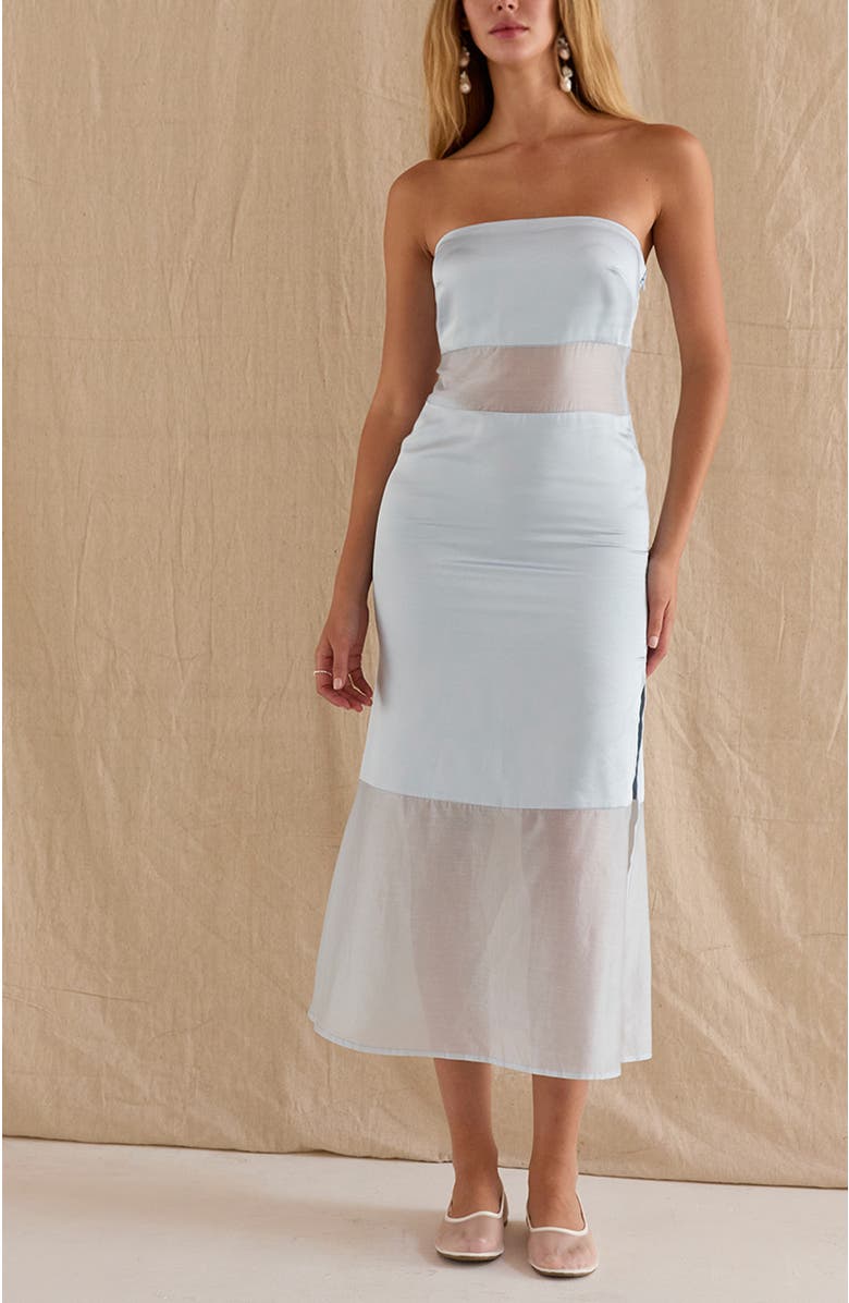 CRESCENT Satin Mixed Media Tube Midi Dress, Alternate, color, Light Blue