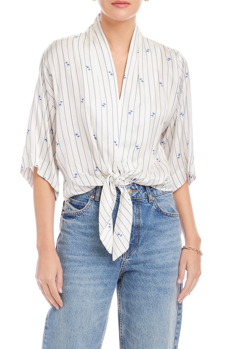 FIFTEEN TWENTY Bernice Floral Stripe Tie-Front Top, Main, color, Cream/ Blue