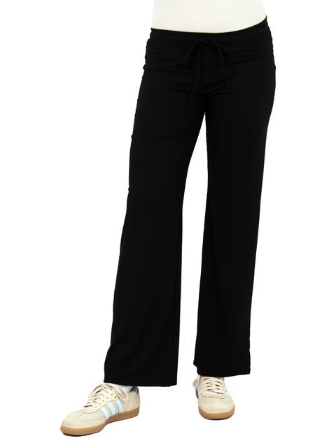 Womens Basic Ribbed Knit Drawstring Straight Leg Lounge Pants
