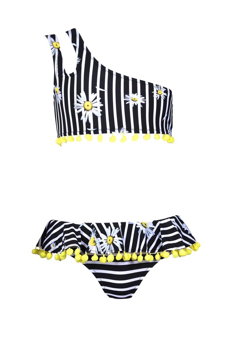 Kids' Double Straps Daisy Print Pom-Pom Detail Two Piece Bikini, Main, color, White-Black