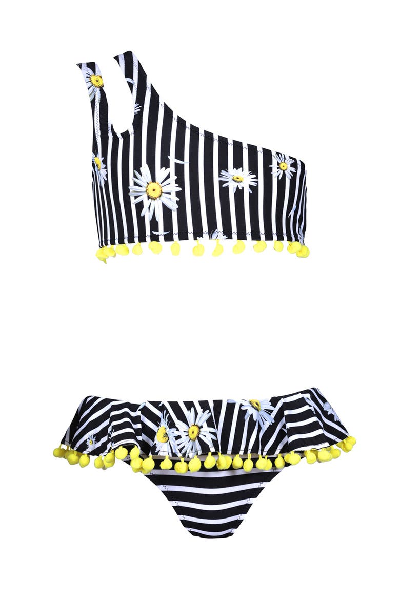 NESSI BYRD Kids' Double Straps Daisy Print Pom-Pom Detail Two Piece Bikini, Main, color, White-Black