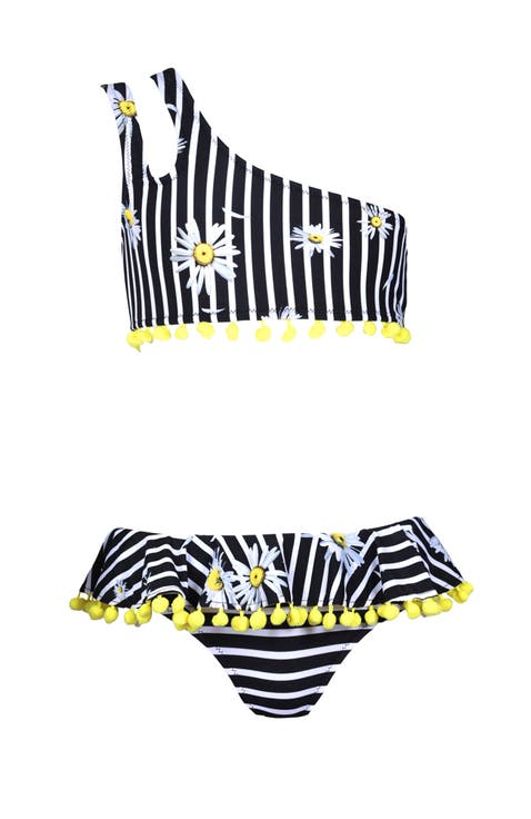 Kids' Double Straps Daisy Print Pom-Pom Detail Two Piece Bikini