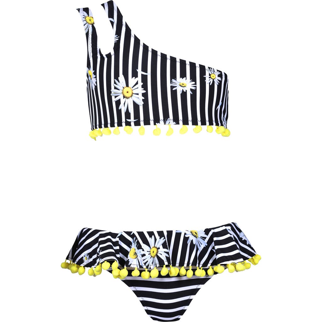 Nessi Byrd Kids' Double Straps Daisy Print Pom-pom Detail Two Piece Bikini In Multi