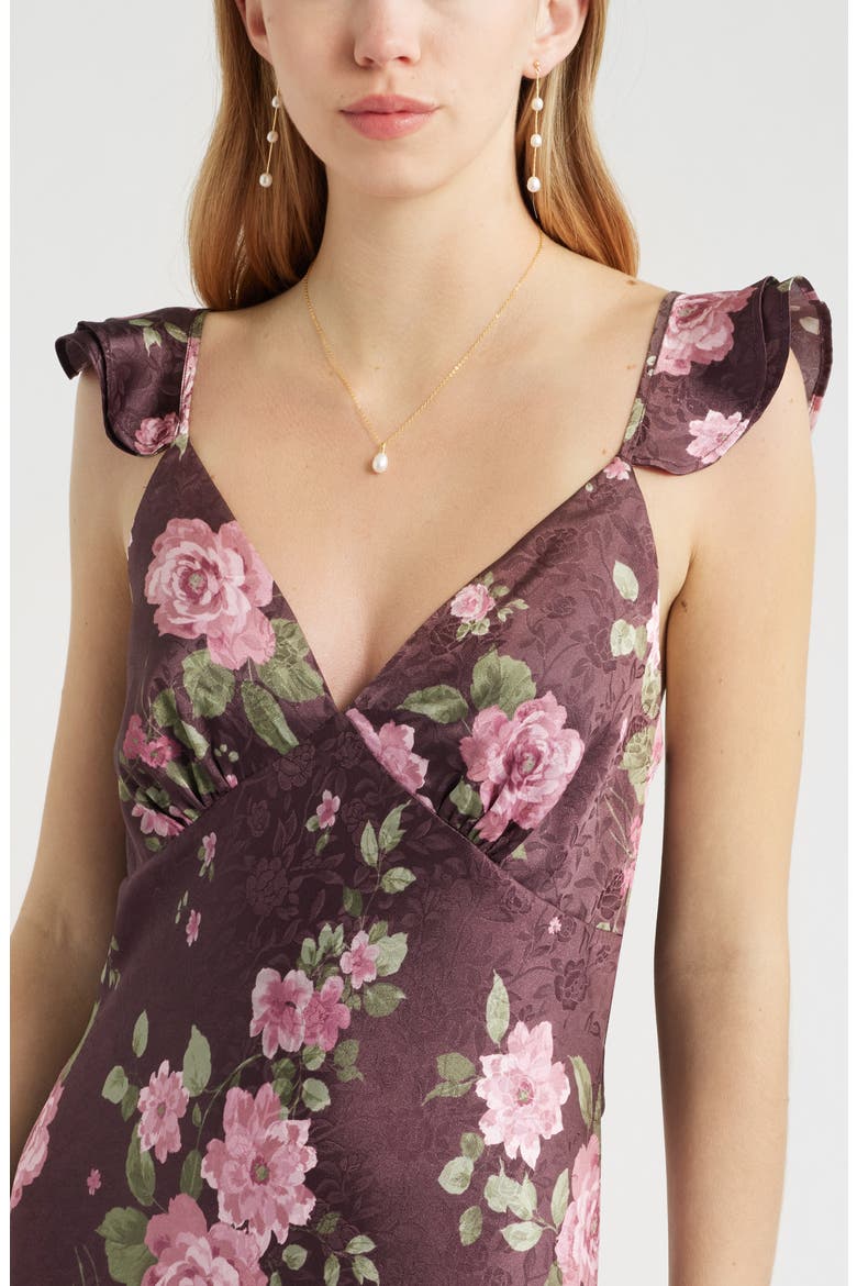 Floral Satin Flutter Sleeve Maxi Dress, Alternate, color, BURGUNDY FLORAL