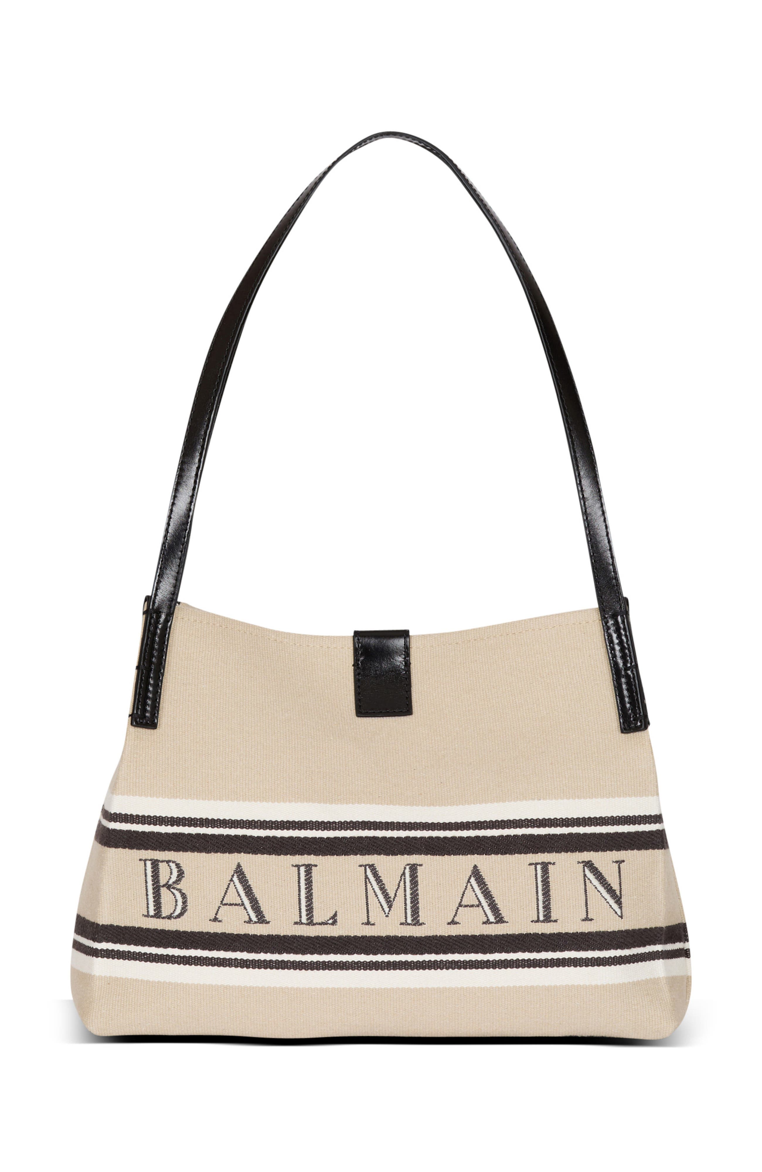 Balmain Small Release Shopper bag in canvas and calfskin, Main, color, Beige