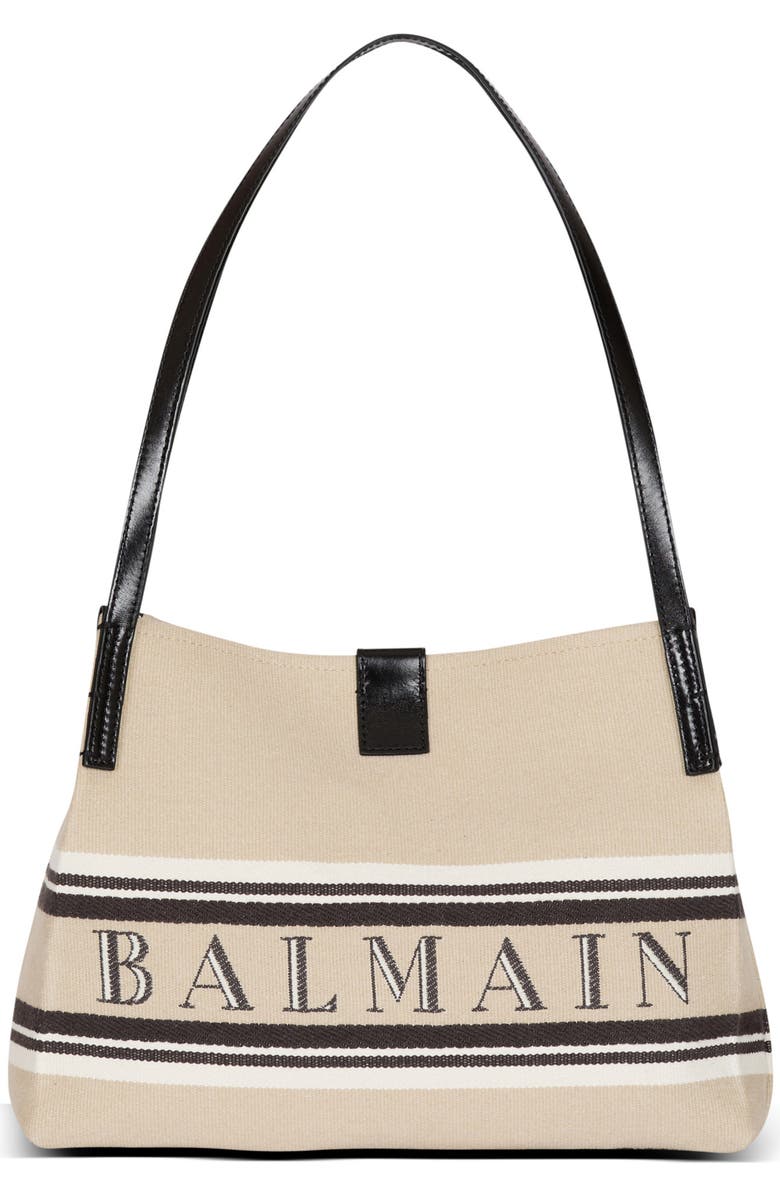 Balmain Small Release Shopper bag in canvas and calfskin, Main, color, Beige
