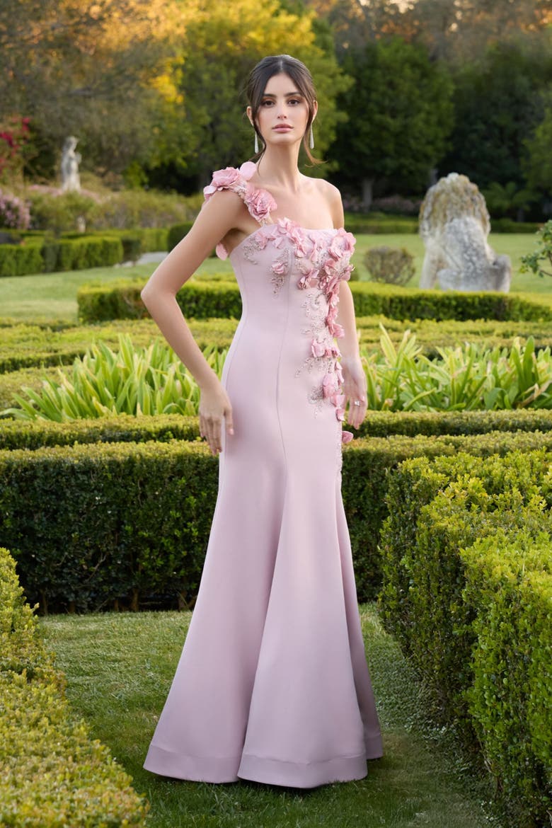 Crepe One Shoulder Floral Embellished Mermaid Evening Gown, Alternate, color, Mauve