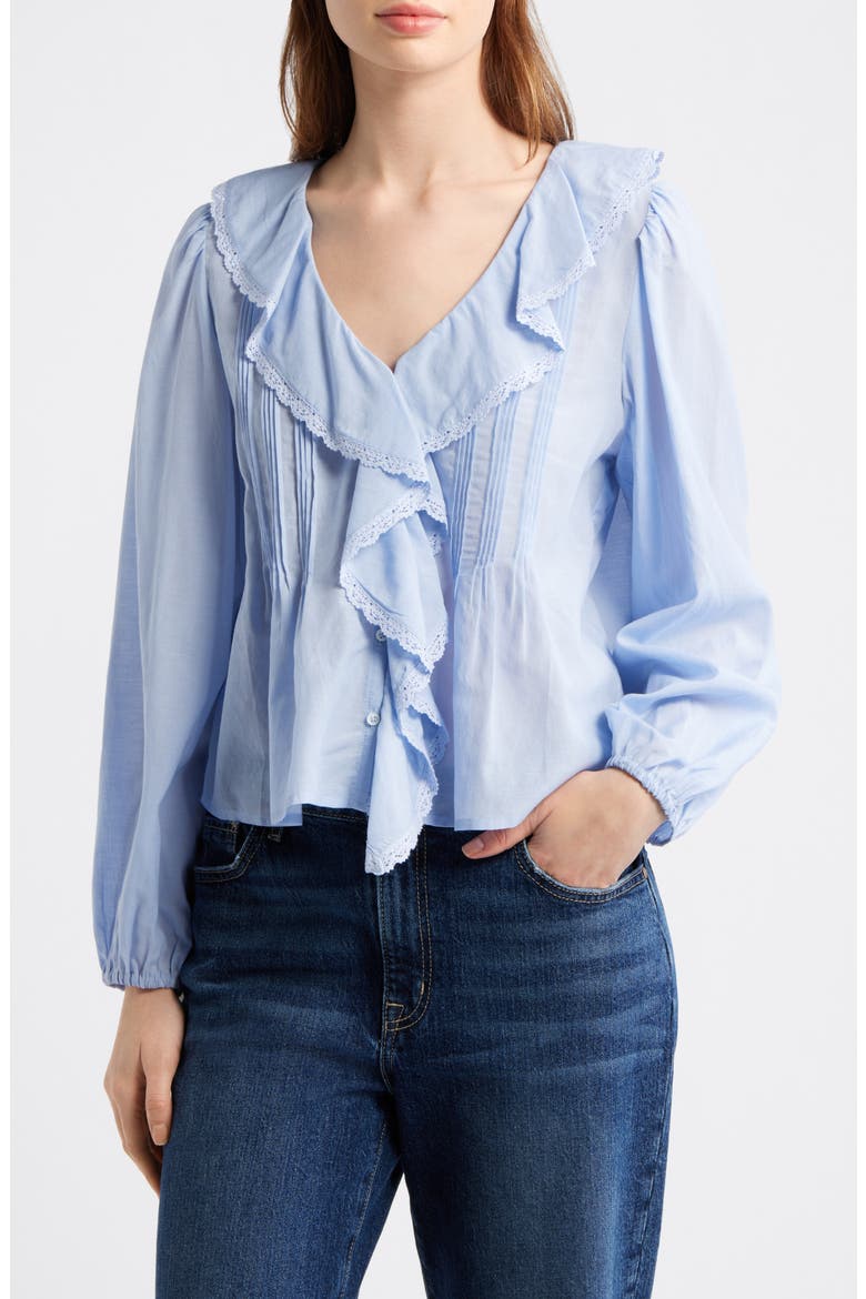Lace Insert Ruffled Pintuck Long Sleeve Top, Main, color, TRANQUIL BLUE