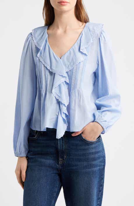 Lace Insert Ruffled Pintuck Long Sleeve Top