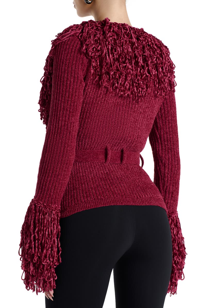 Naked Wardrobe Fringe Tie Waist Chenille Cardigan, Alternate, color, Currant