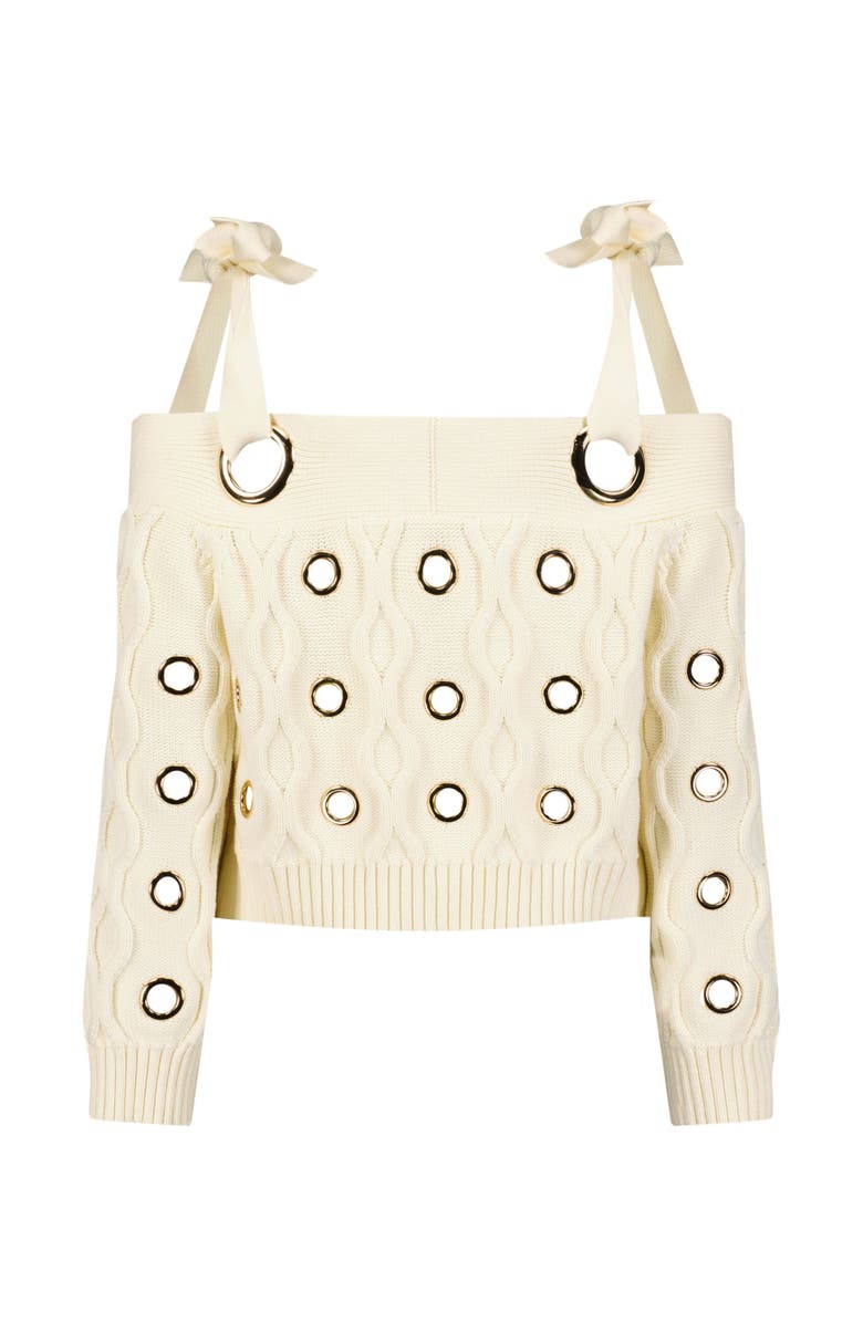 Mac Duggal Off The Shoulder Grommet Cropped Knit Sweater, Alternate, color, Cream