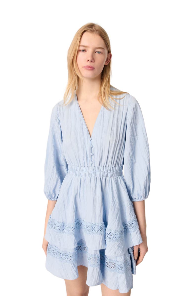 maje Dress with ruffles and lace details, Alternate, color, Blue Sky