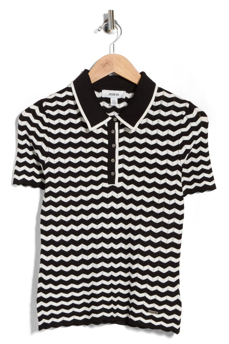 Chevron Stripe Polo Sweater, Alternate, color, BLACK/ IVORY