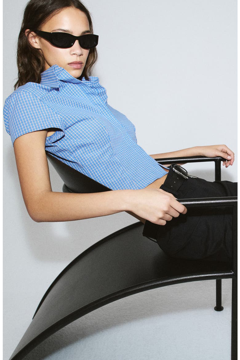 Starring Hailey Bieber Gigi Check Print Crop Cotton Shirt, Alternate, color, BLUE