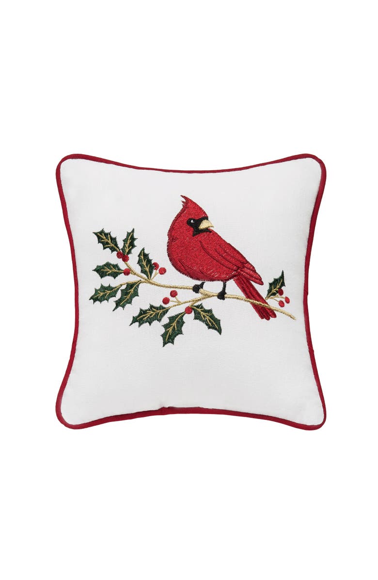 C&F Home Red Cardinal Holly Branch Cotton Blend Christmas Mini Accent Pillow 10" x 10", Main, color, 