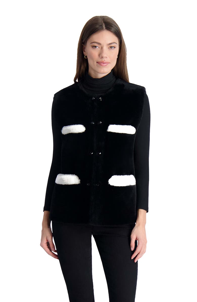 GORSKI Shearling Lamb Collarless Vest With Embellishment, Main, color, Black/White