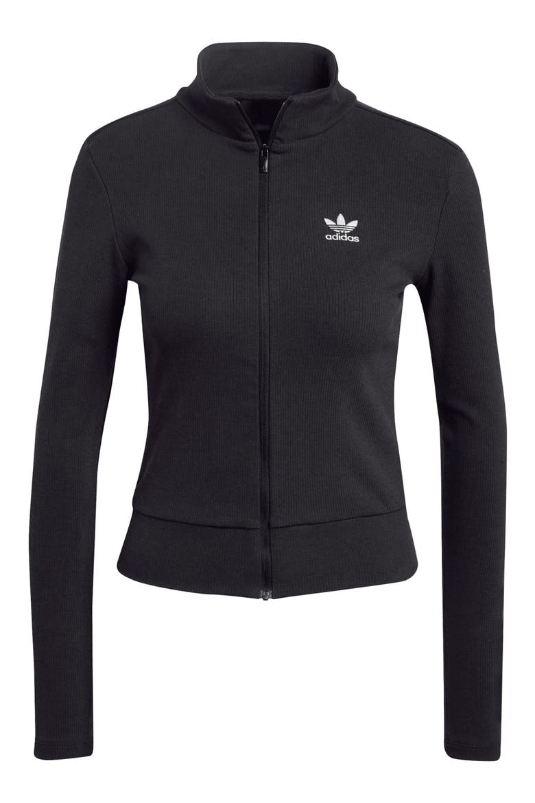 Trefoil Essentials Rib Track Jacket, Alternate, color, BLACK