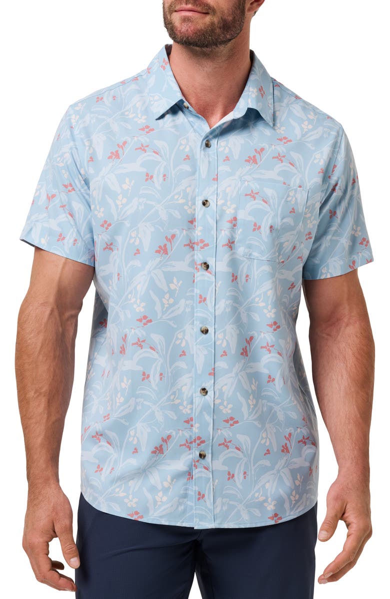 TravisMathew Techwoven Coast Floral Short Sleeve Performance Button-Up Shirt, Main, color, Forget Me Not