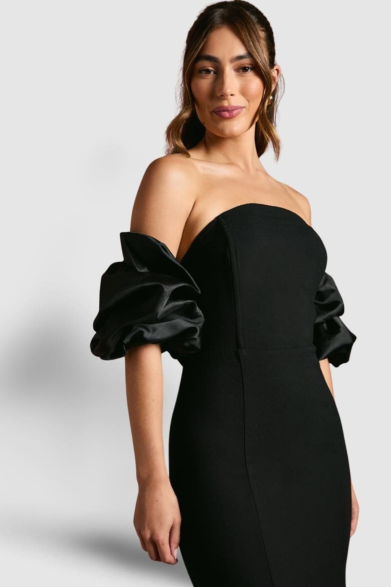 Puff Sleeve Bardot Fishtail Maxi Dress, Alternate, color, Black