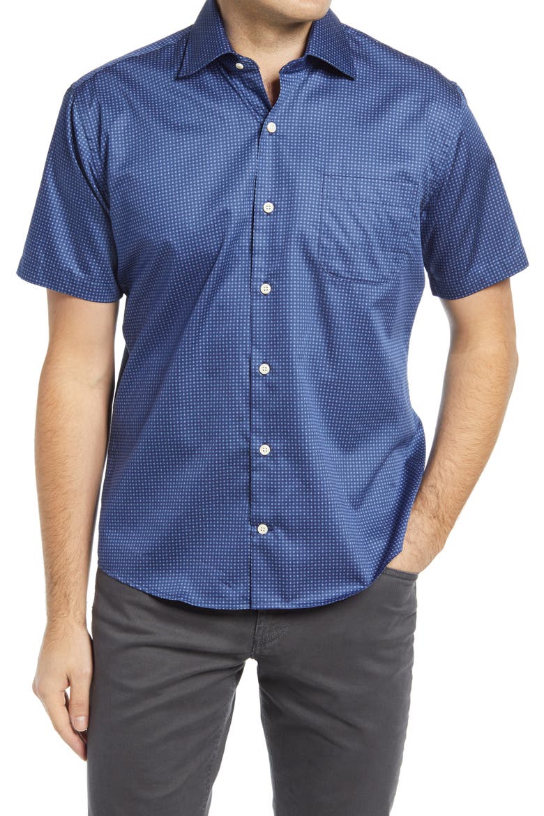 Regular Fit Geometric Short Sleeve Button-Up Shirt, Main, color, NAVY